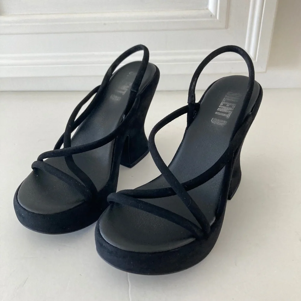 Silent D Anthropologie Star Black Suede Strappy Platform Heels Sz 37